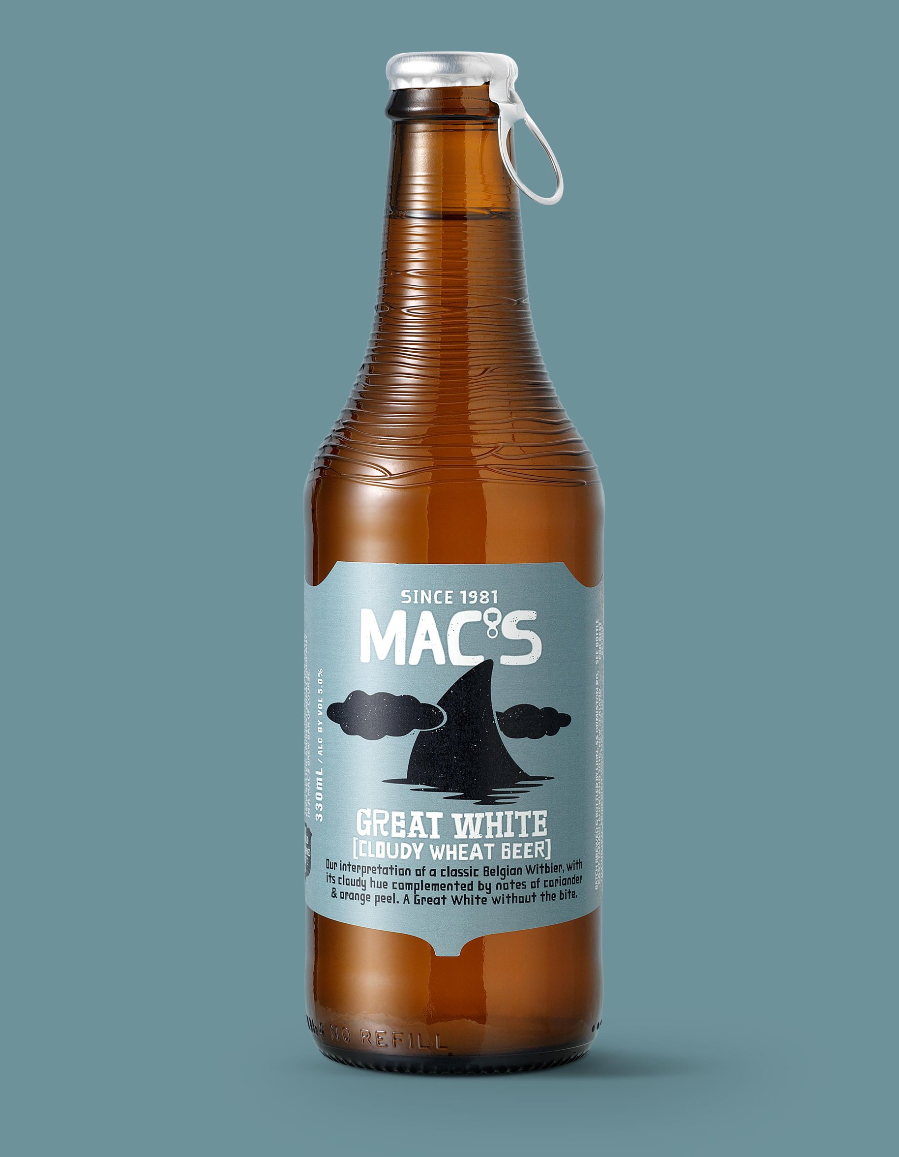 Macs Beer Great White cloudy wheat beer packaging