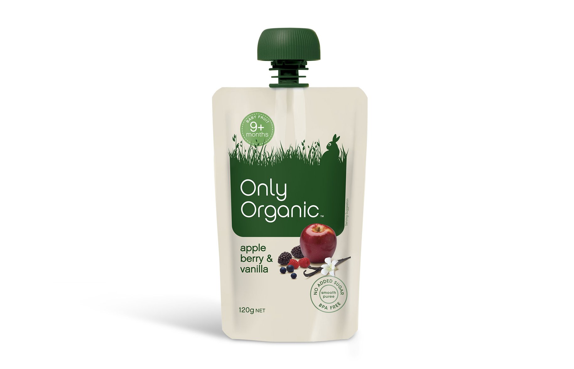 Only Organic apple berry and vanilla baby food packaging