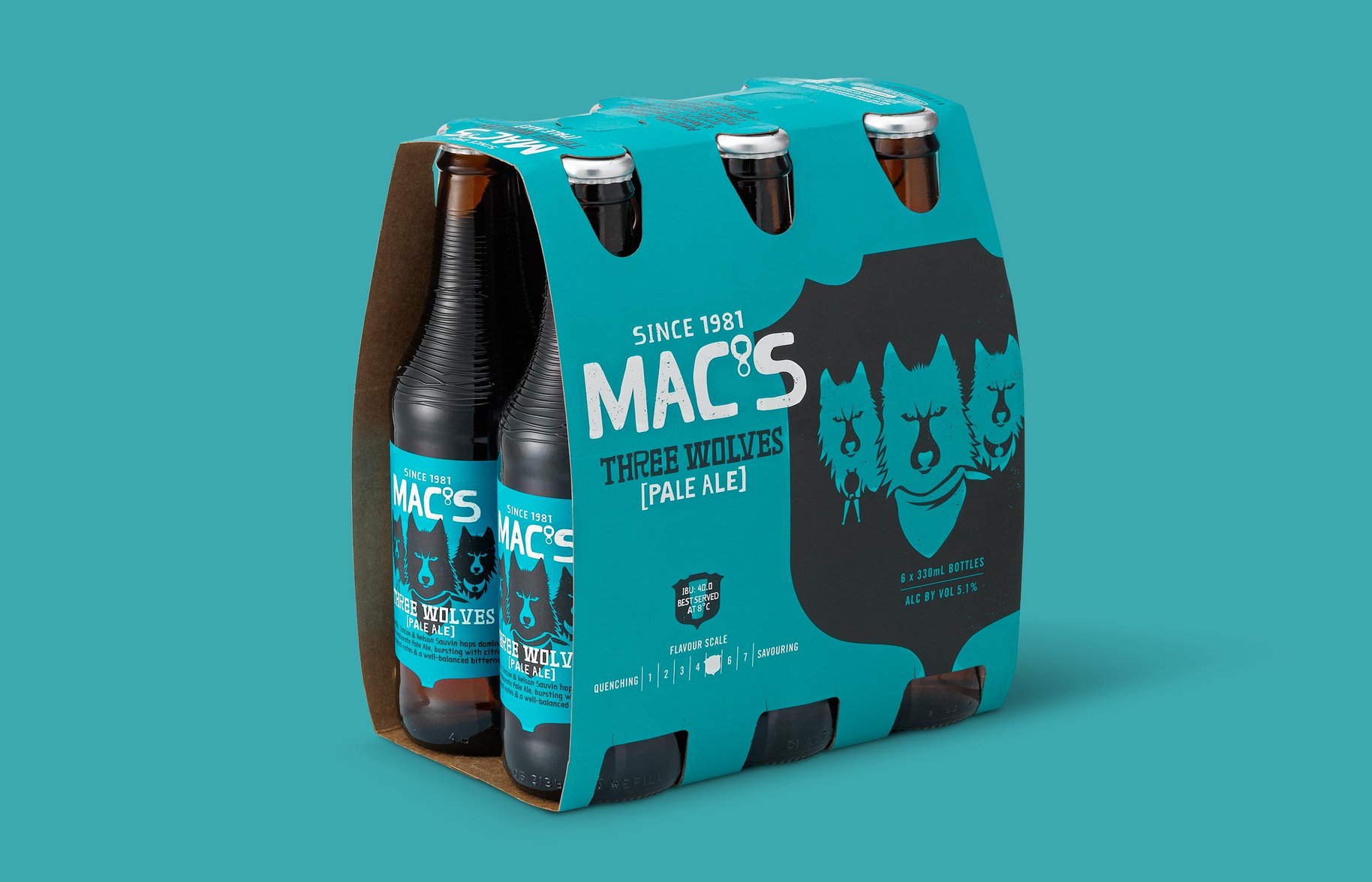 Macs Beer 6 pack three wolves packaging