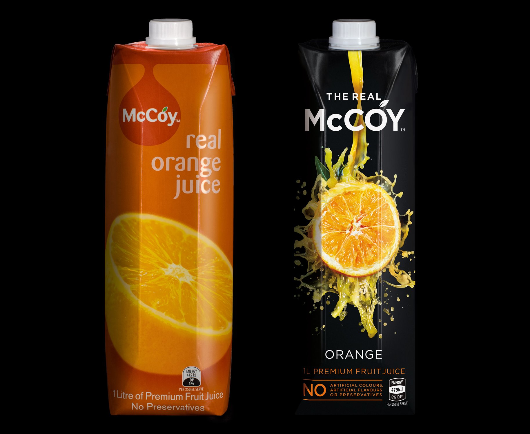 McCoy 1L tetra juice packaging before and after