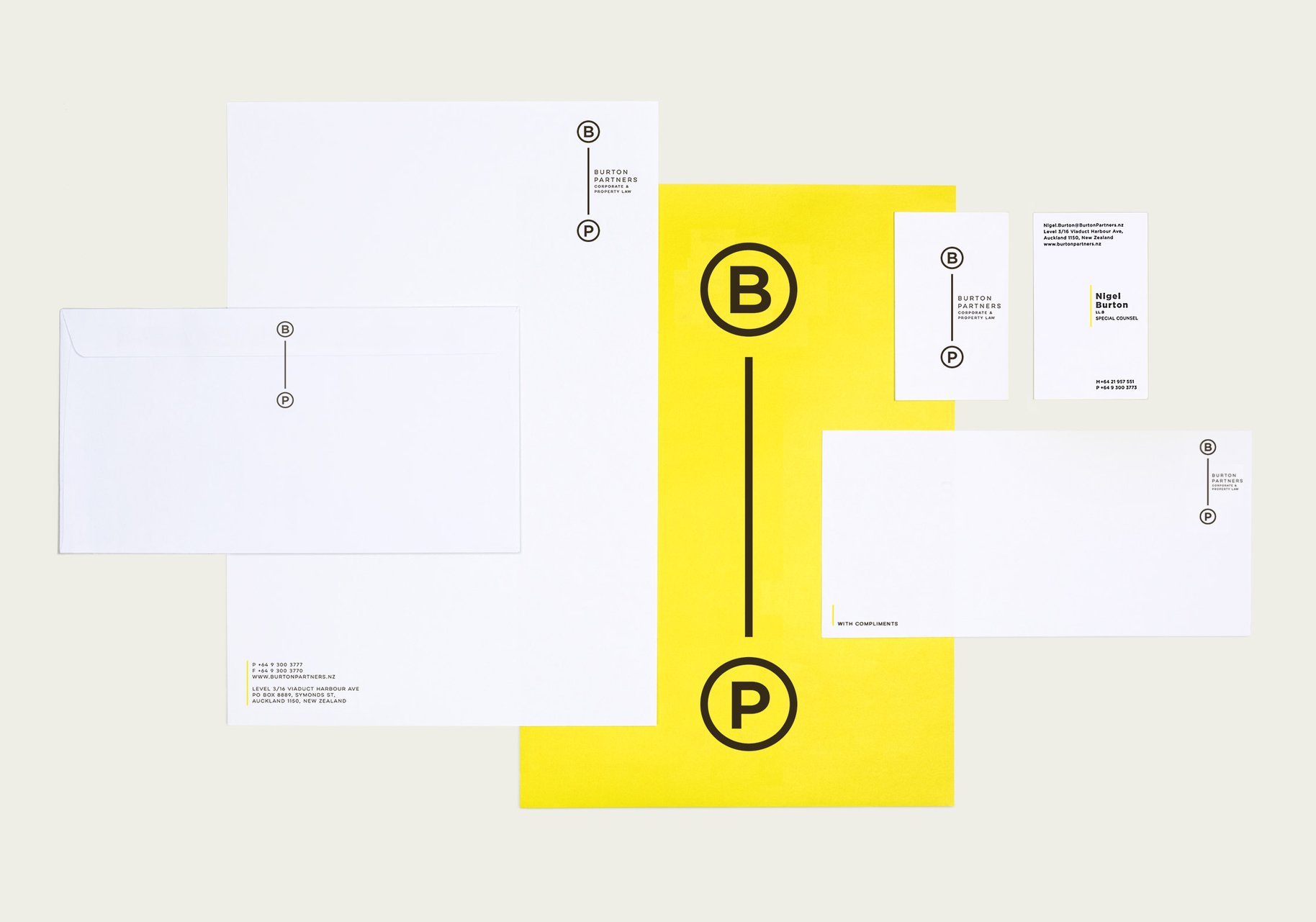 Burton Partners brand collateral business card envelope 