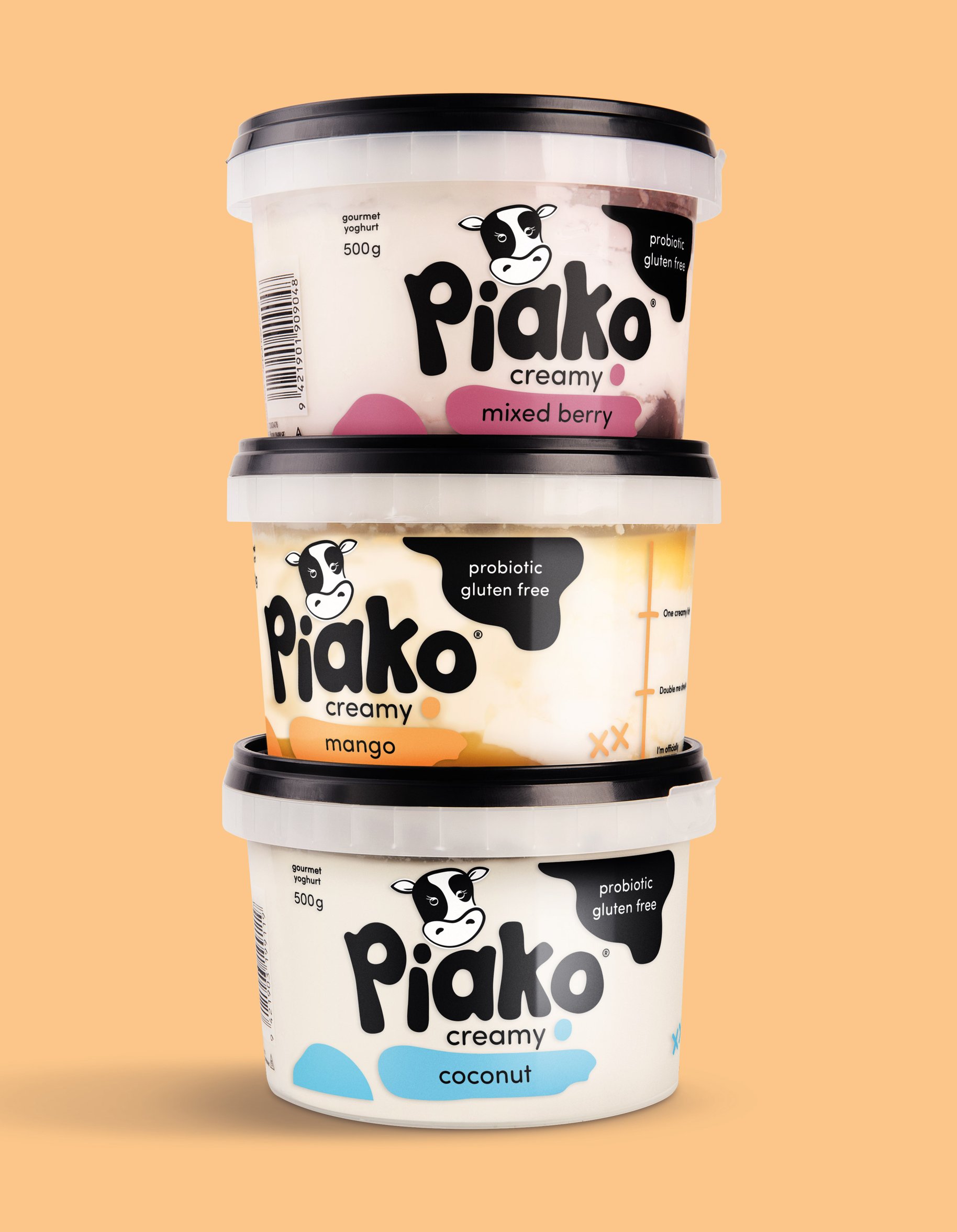 Piako Creamy yoghurt packaging coconut mango mixed berry
