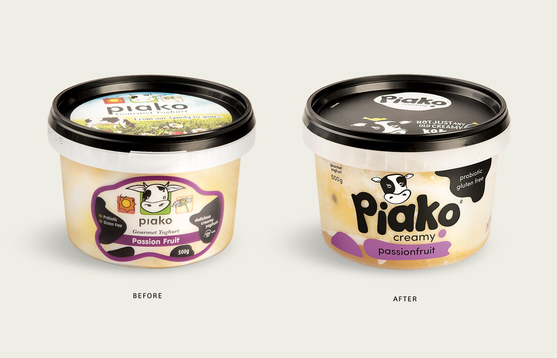 Piako Creamy yoghurt packaging before and after side